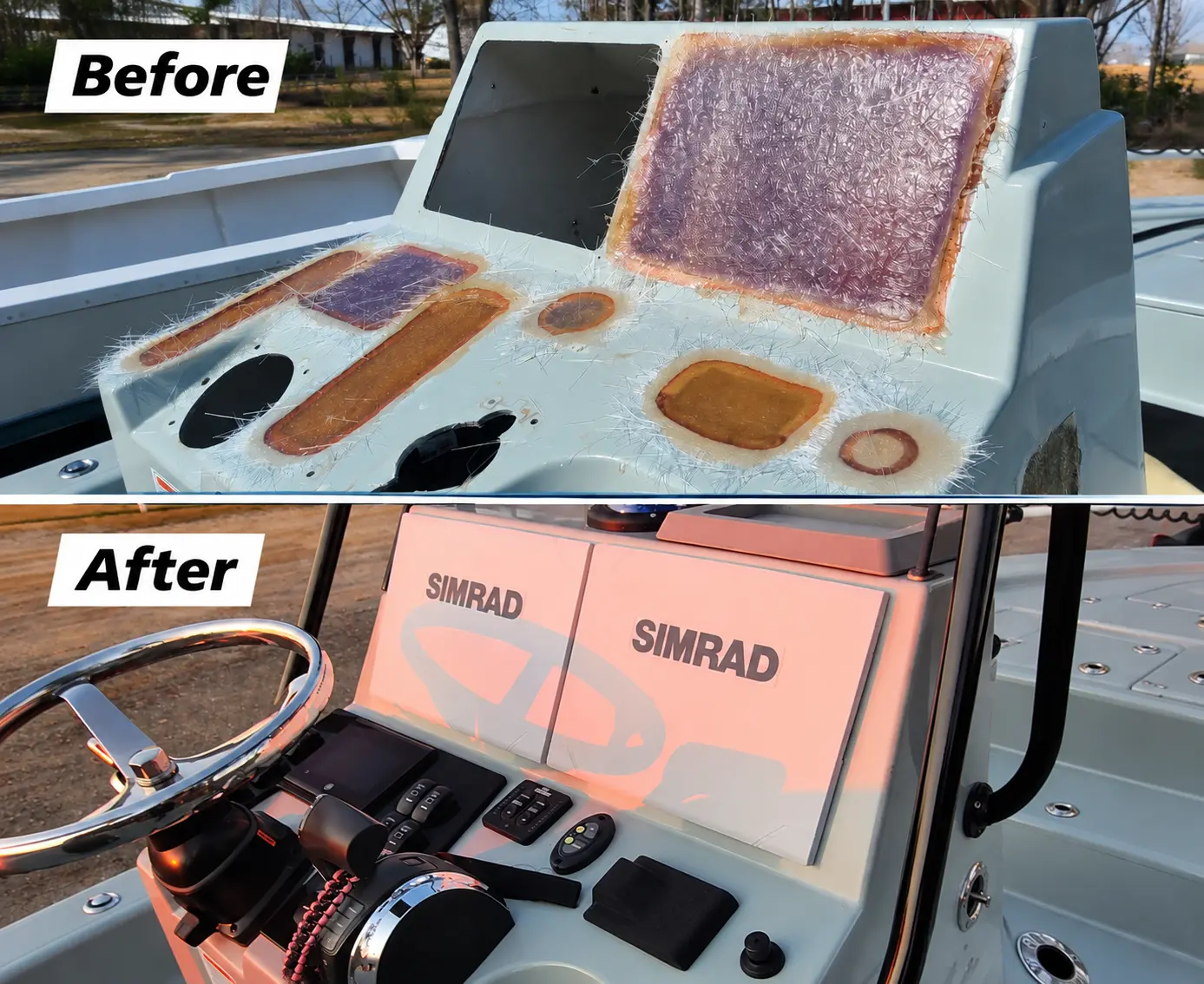 A center-console retrofit in progress and after the fiberglass work, fairing, finish work and new electronics installation were completed.