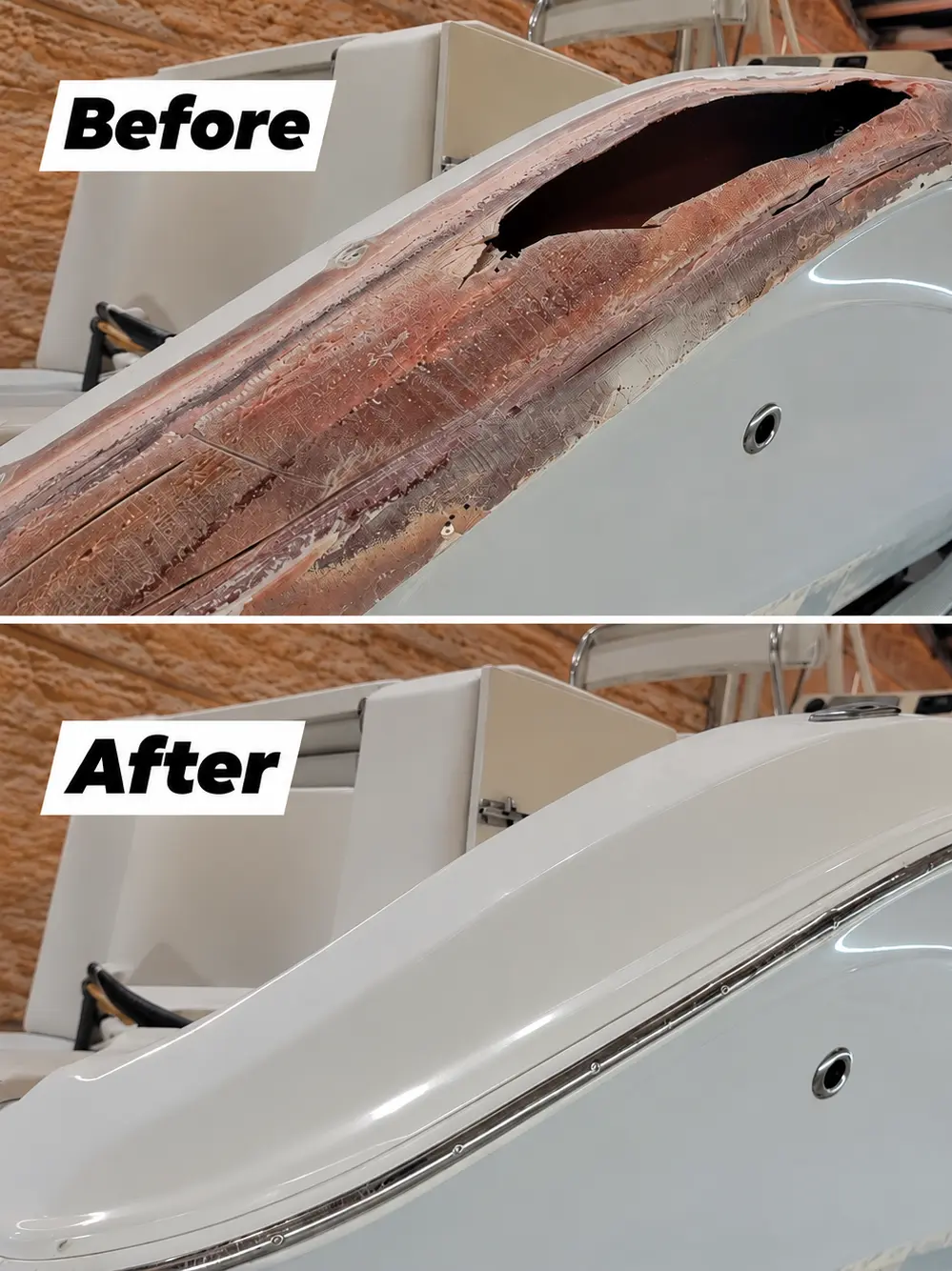 Major fiberglass damage opened for proper access, followed by a rebuilt, faired and refinished gunwale.