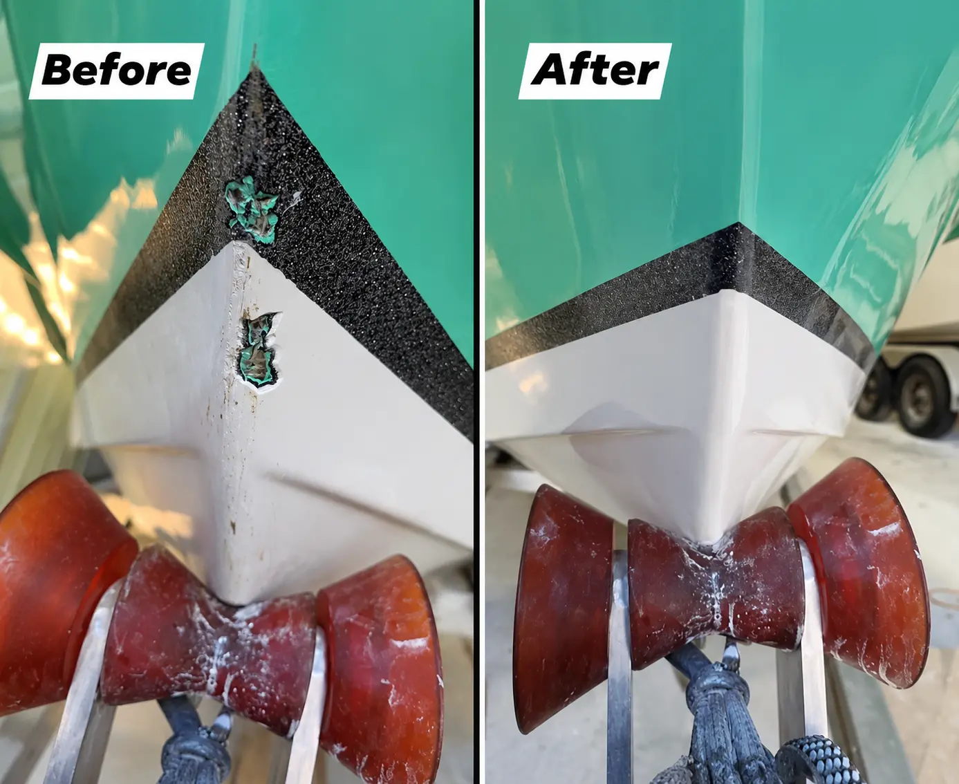 Localized bow damage before and after gelcoat repair and finish blending.