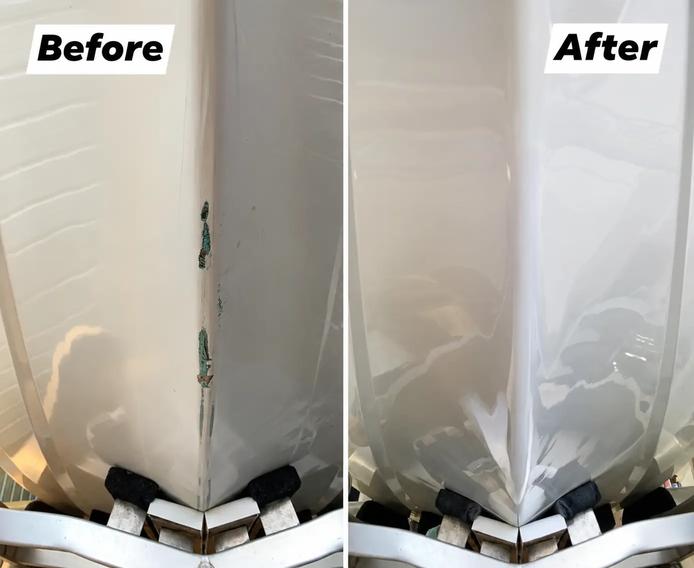 Keel damage before and after repair, fairing and gelcoat finishing.